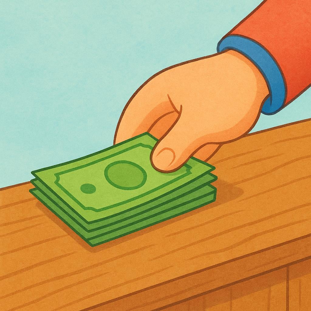 A hand placing a stack of paper currency onto a simple wooden counter during a transaction.