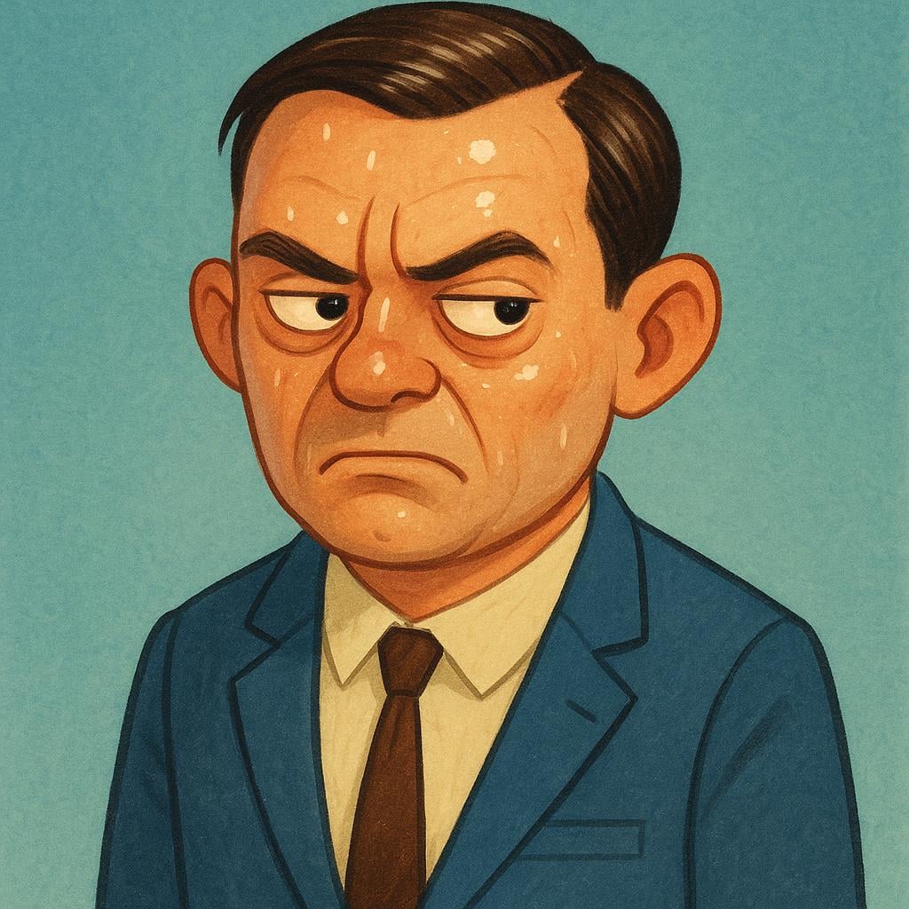 An illustration of a man with an unsettling, shifty expression and greasy hair, looking directly at the viewer.