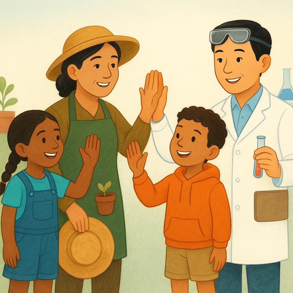 Two children happily high-fiving two successful, smiling adults, symbolizing positive role models.