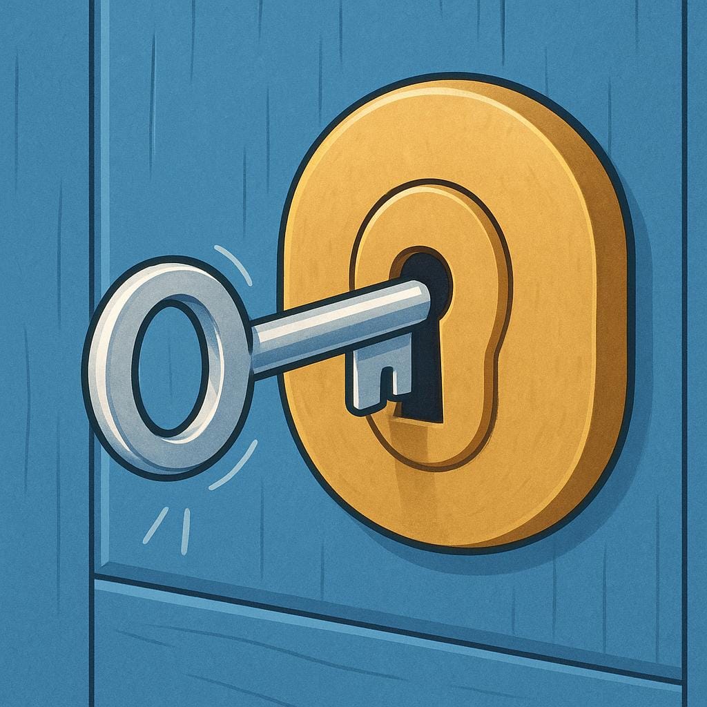 A brass key turning in a simple, oversized keyhole, representing the solution to a problem.