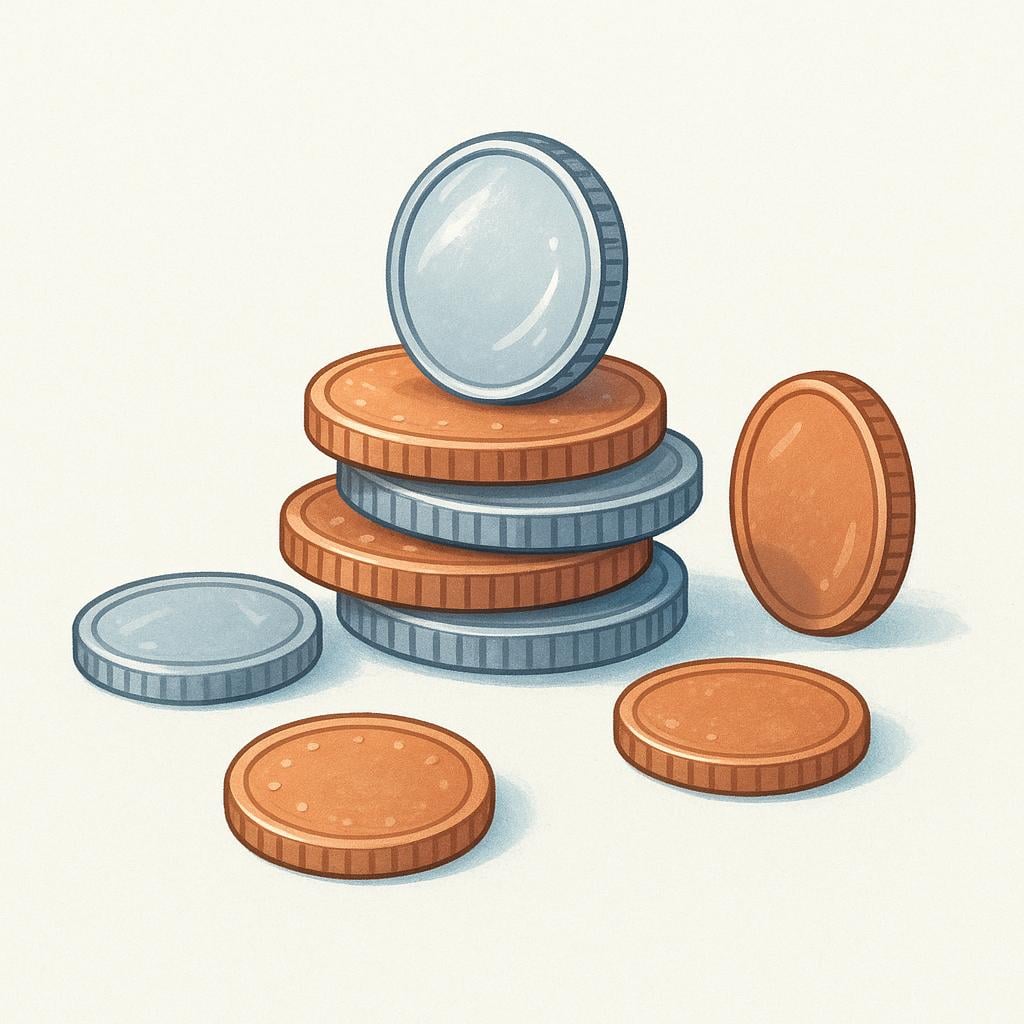 A small pile of various gold and silver coins scattered loosely on a surface, representing small change.