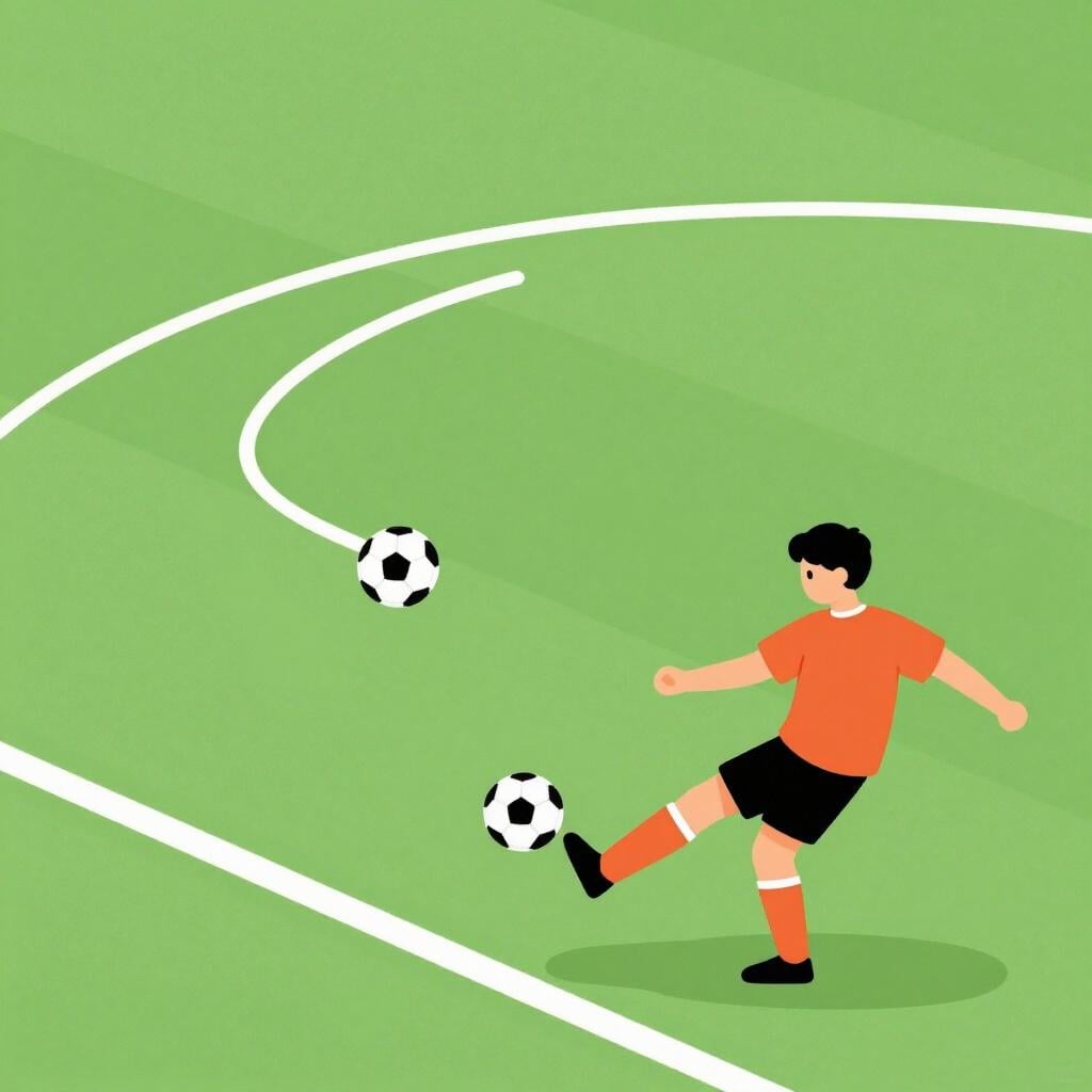 A soccer player kicking a ball from the side of the field toward the middle of the goal area.