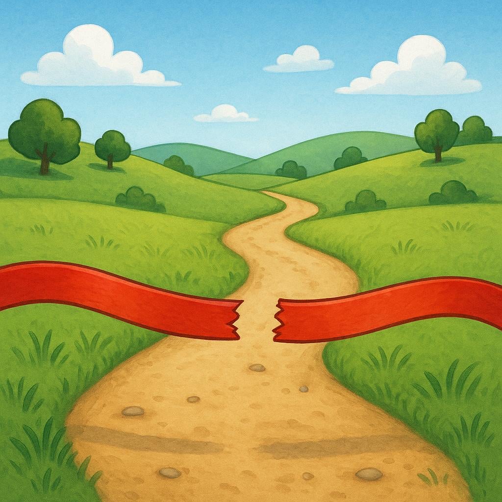 A simple dirt path with a bright red ribbon stretched across it, snapped cleanly in the middle, signifying the start of a race or journey.