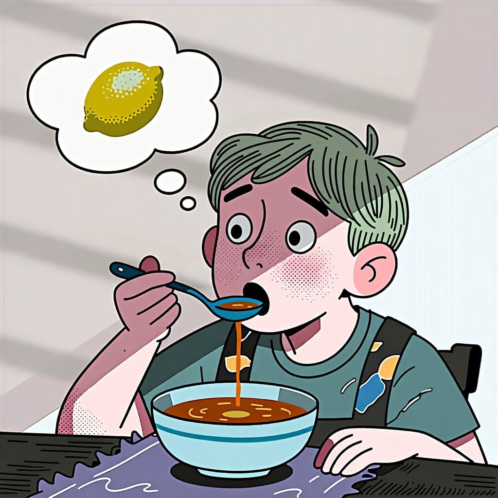 A person tasting a spoonful of soup and looking thoughtful, trying to identify the flavor.