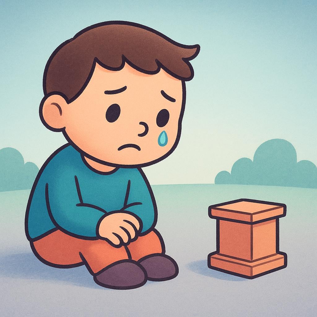 A simple cartoon character looking disappointed while sitting next to an empty pedestal where a prize should be, signifying suffering a loss.
