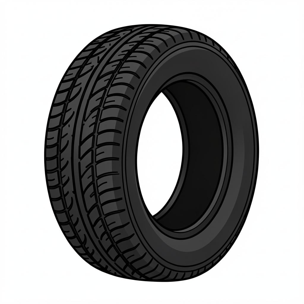 A single black rubber car tire standing upright on a clean white background.