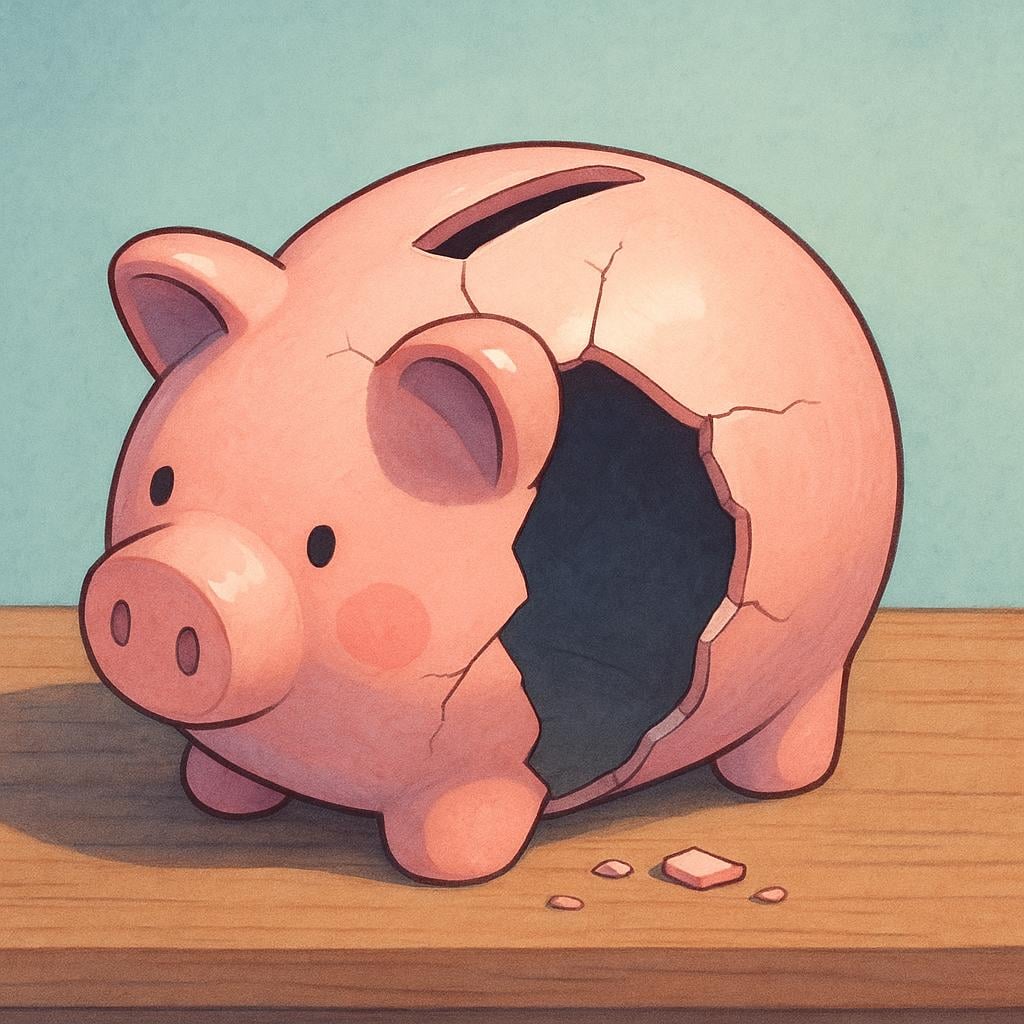 A cheerful pink ceramic piggy bank lying on its side, cracked open and completely empty, symbolizing bankruptcy.