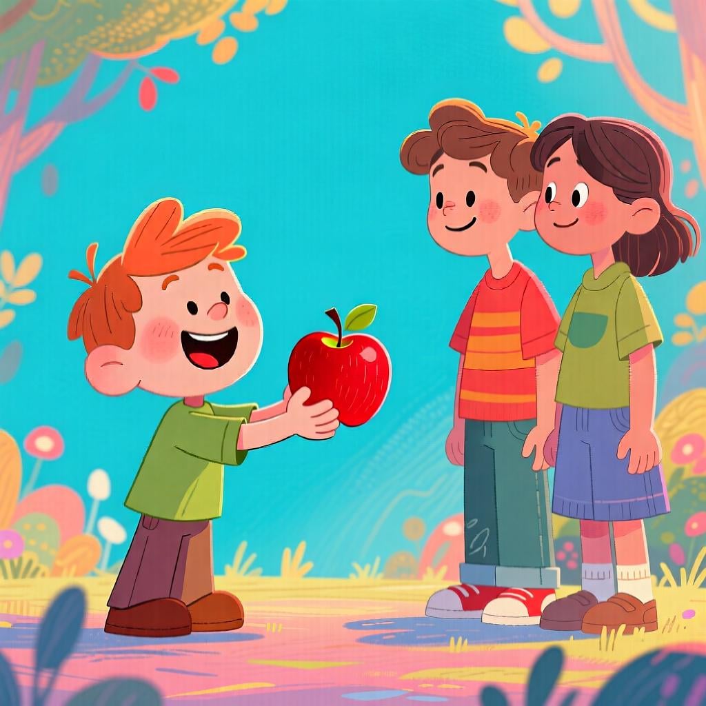A colorful illustration showing one person handing a bright red apple to two smiling friends, symbolizing the action being directed toward the plural 'you'.