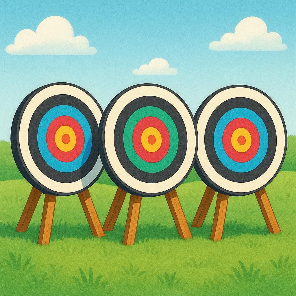 Three circular archery targets with red, yellow, and blue rings, set up side-by-side in a grassy area, ready for shooting.