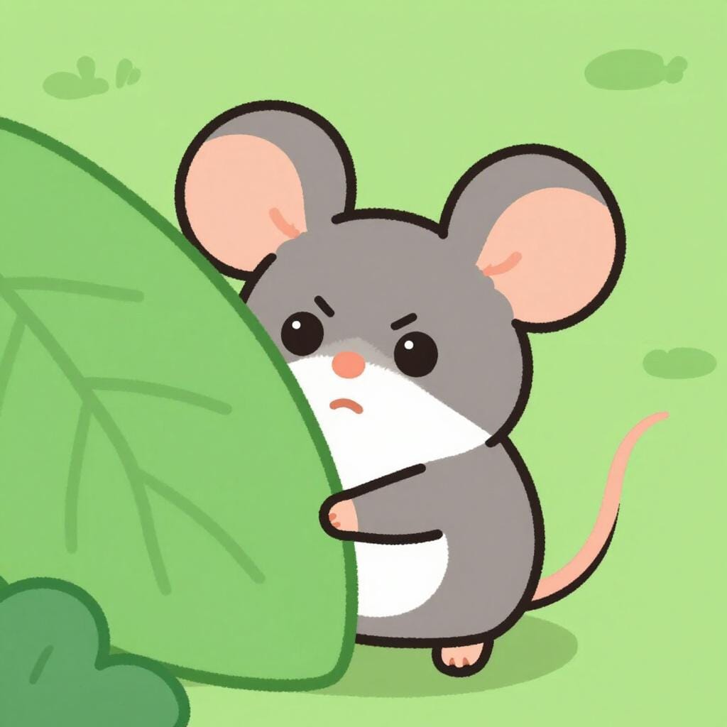 A small mouse hiding behind a large leaf, looking wide-eyed and scared.
