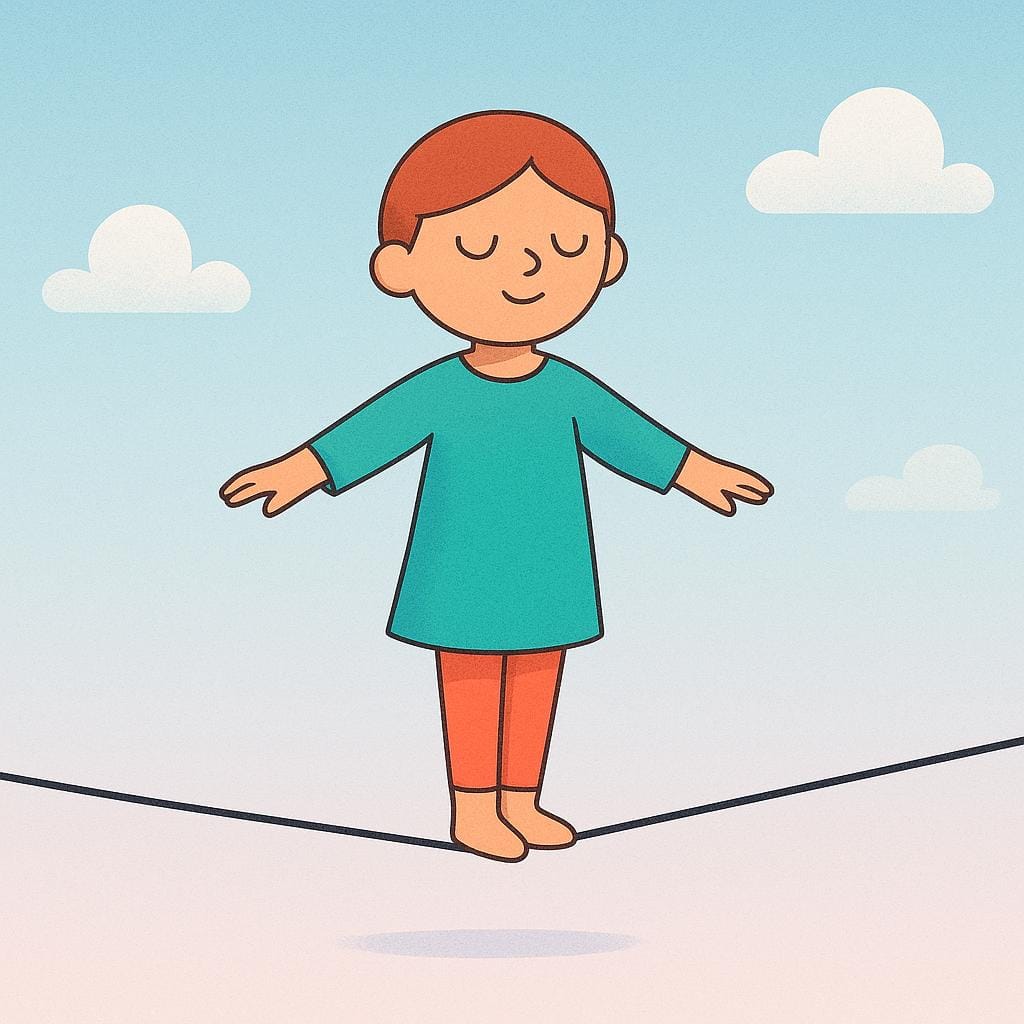 A simplified character standing perfectly balanced on a single, thin tightrope high above the ground, demonstrating perfect mastery and skill.