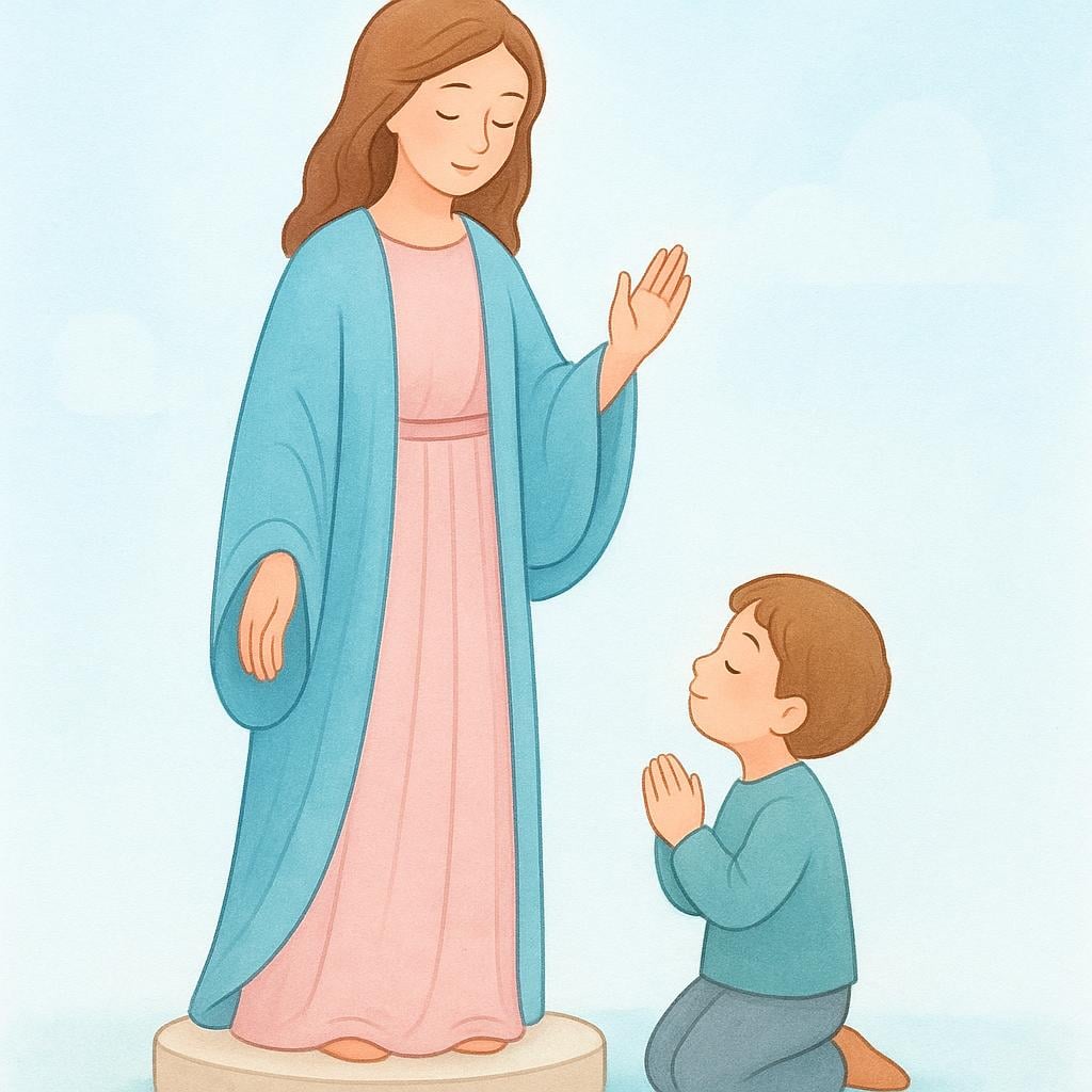 A serene, gentle woman figure standing under a soft light, being looked up to by a small figure kneeling below with hands clasped in prayer.