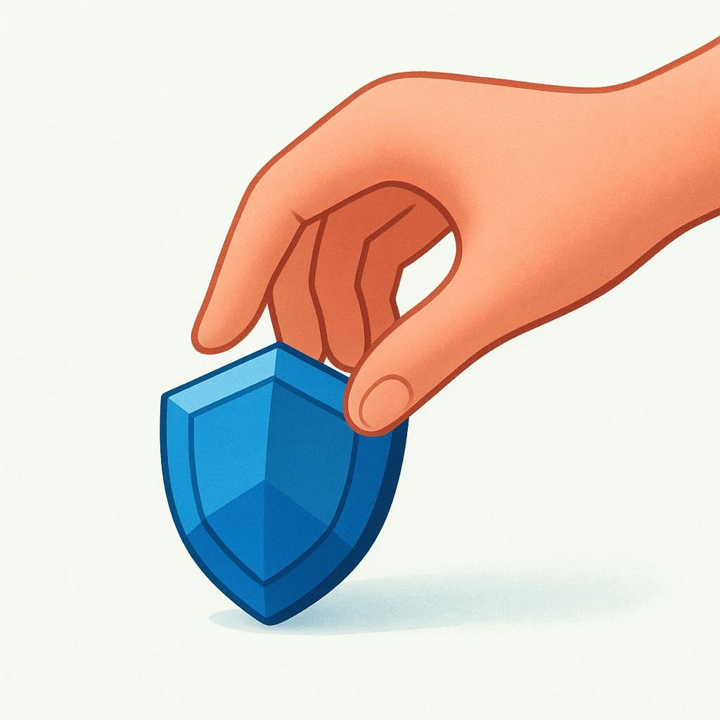 A simplistic illustration of a hand carefully placing a small, geometric blue shield onto a clean surface, symbolizing the formal adoption of a new measure or attitude.