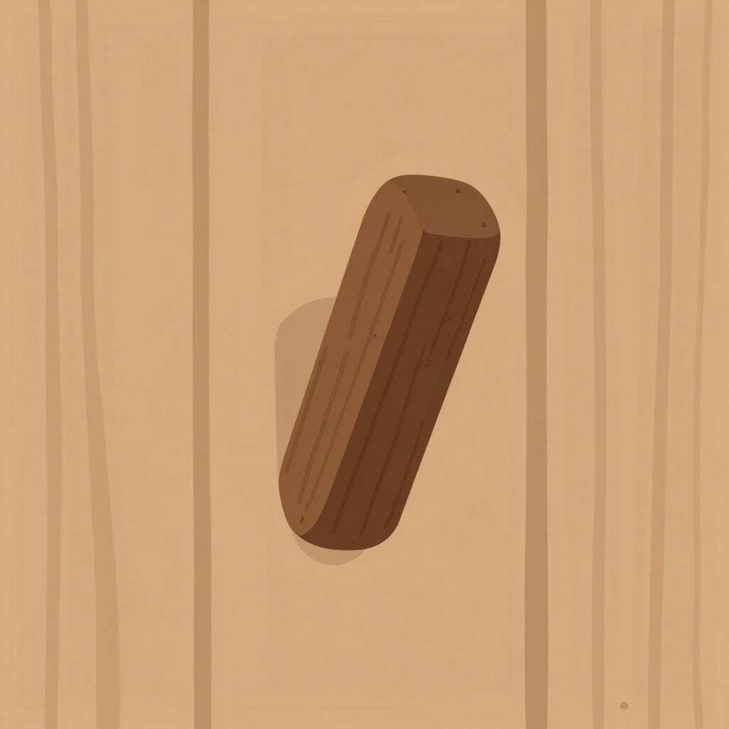 A single wooden peg sticking out significantly from a flat wooden wall.