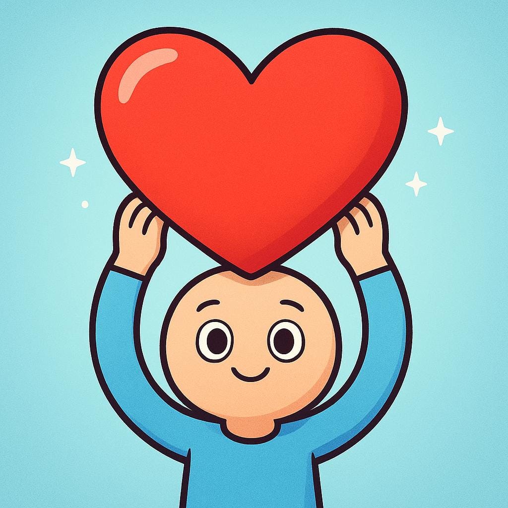 A friendly, simplistic figure with a big smile holding up a giant, bright red heart.
