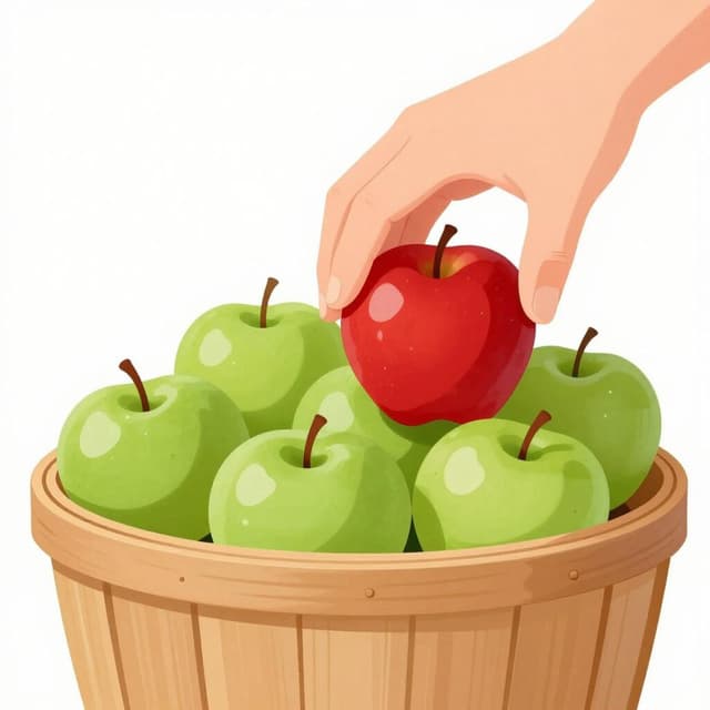 A hand picking a single bright red apple from a basket of green apples.