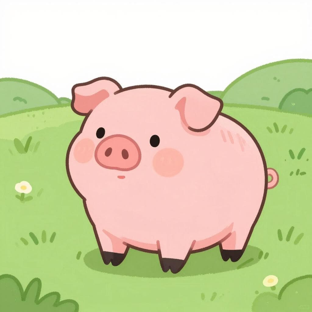 Un cochon rose amical debout sur de l'herbe verte.