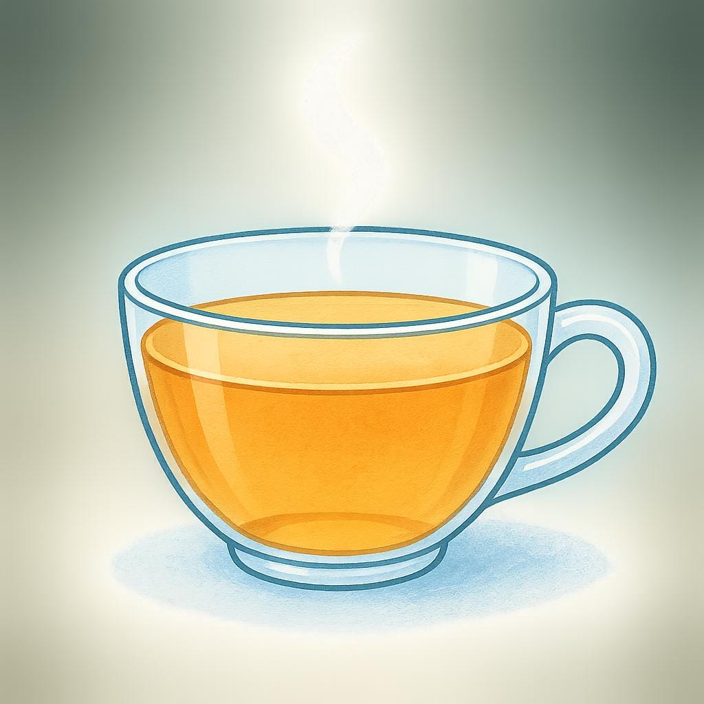 A transparent teacup filled with light amber liquid, with a gentle wisp of steam rising, suggesting a mild flavor.
