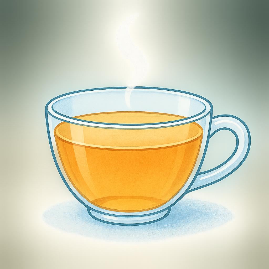 A transparent teacup filled with light amber liquid, with a gentle wisp of steam rising, suggesting a mild flavor.