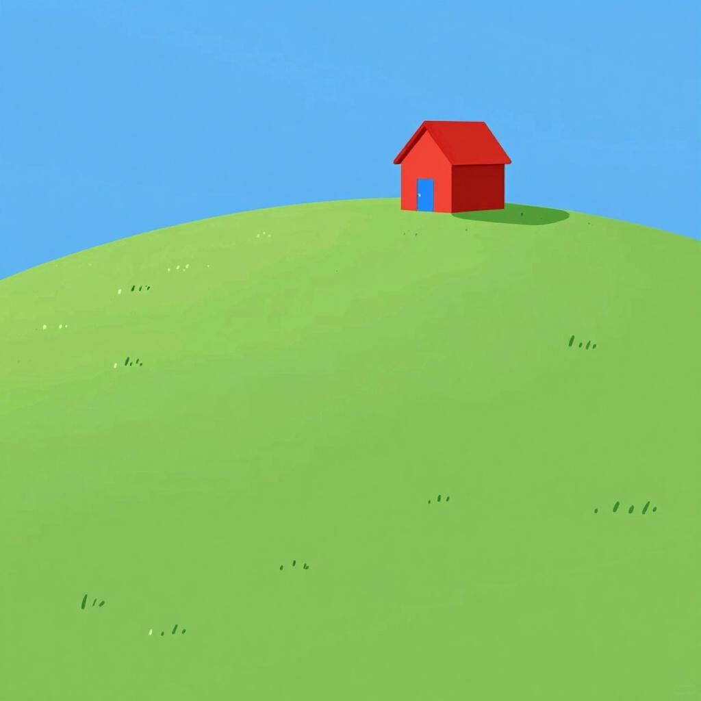 Une petite maison rouge perchée sur une colline verdoyante.