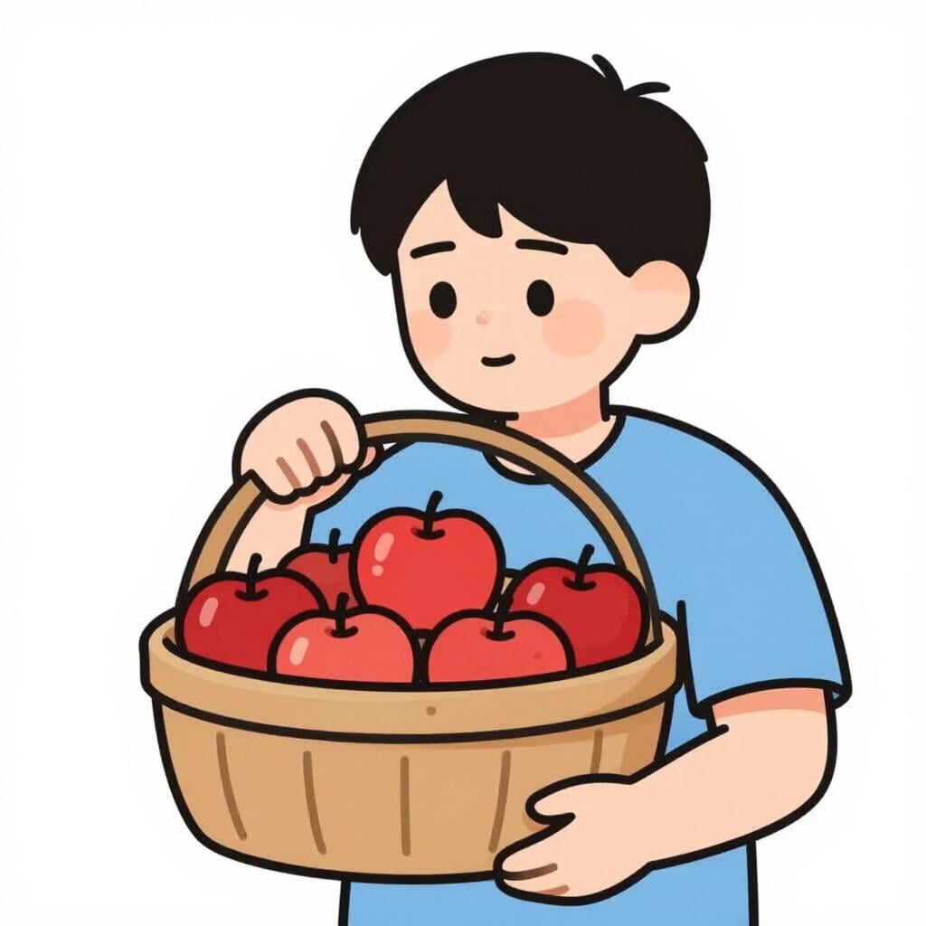 A person holding a wooden basket full of red apples and looking thoughtful while judging its weight.