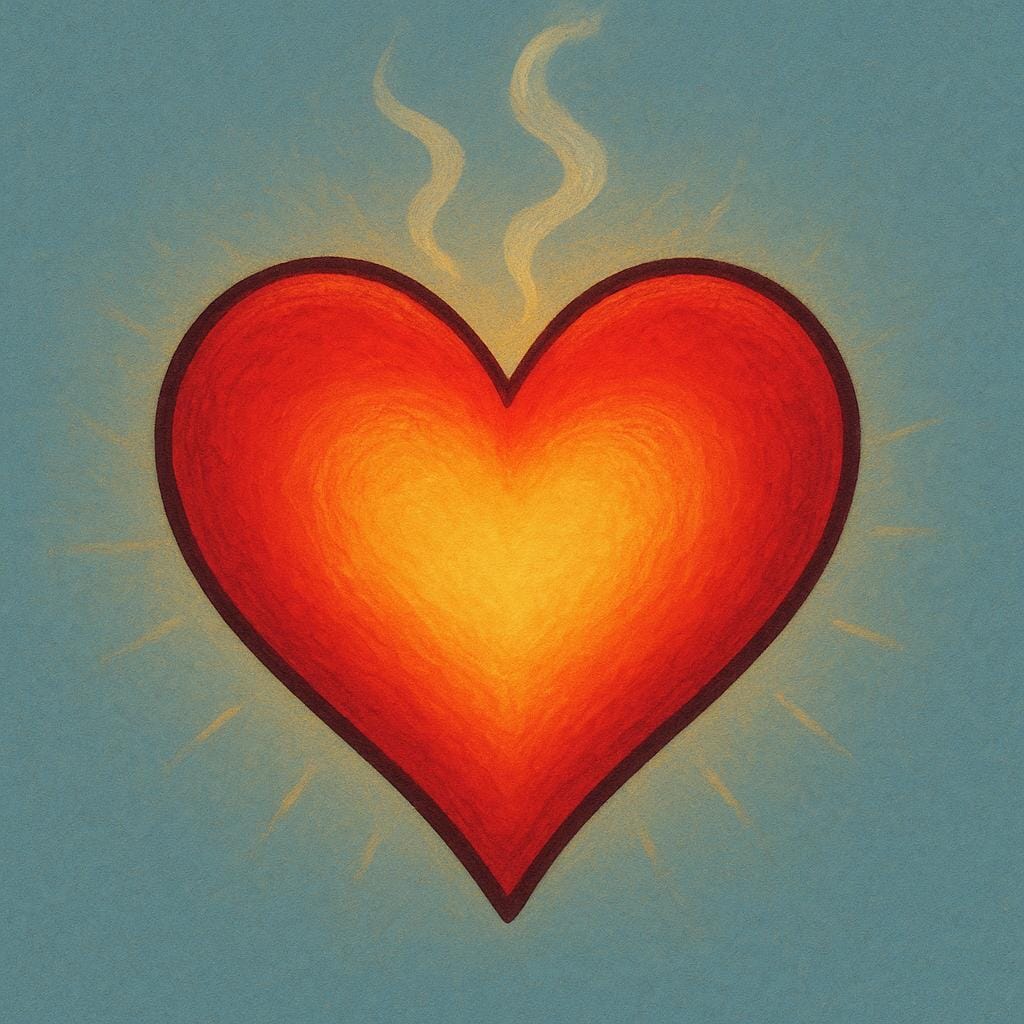 A simple, stylized red heart that appears to be glowing intensely and radiating warmth or passion.