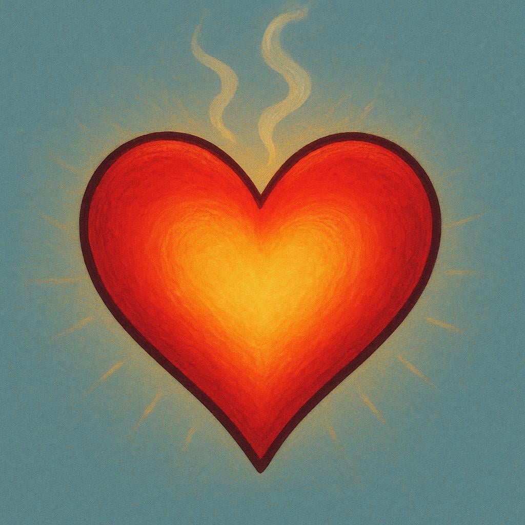 A simple, stylized red heart that appears to be glowing intensely and radiating warmth or passion.