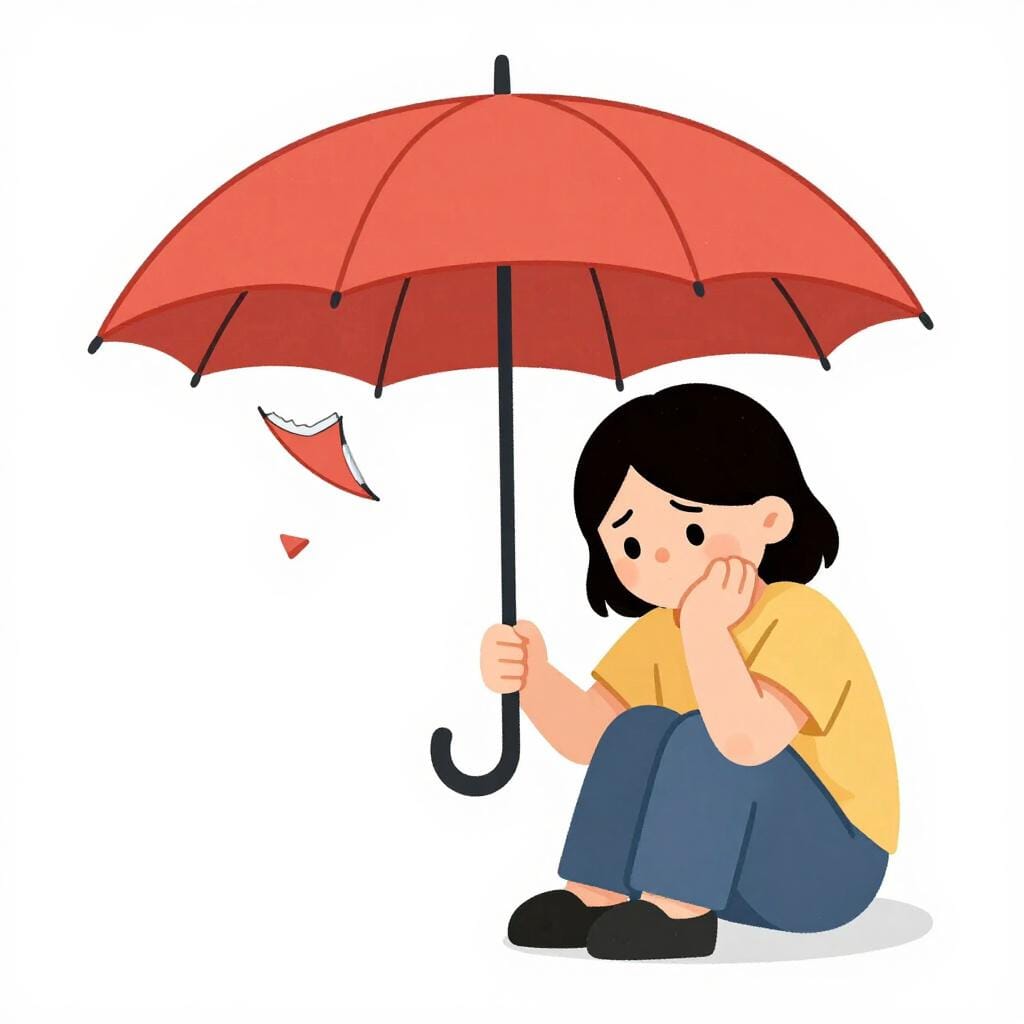A sad person holding a broken, limp umbrella while standing in a puddle.