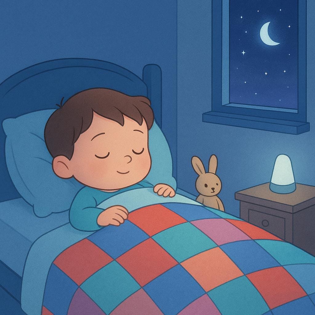 Ein beschreibendes Bild eines Kindes, das in einem Bett eingekuschelt ist und fest schläft, was die Handlung des Schlafengehens veranschaulicht.