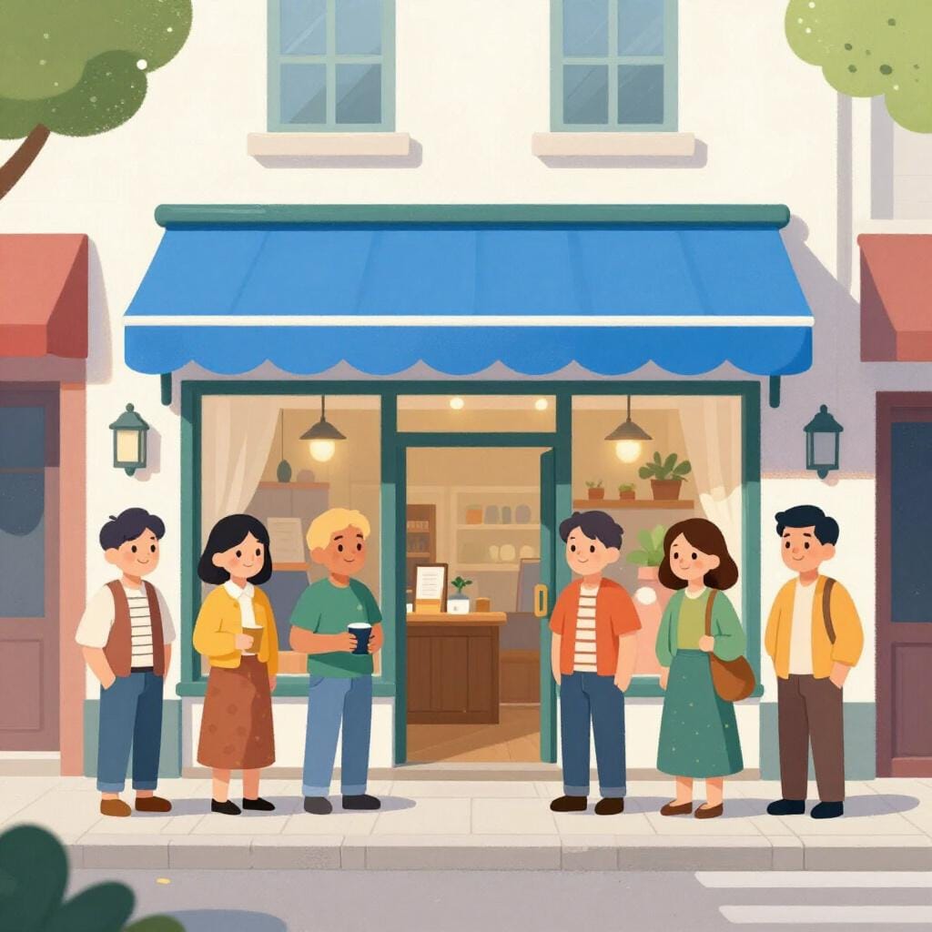A friendly group of diverse people standing in line in front of a cozy small shop with a bright blue awning.