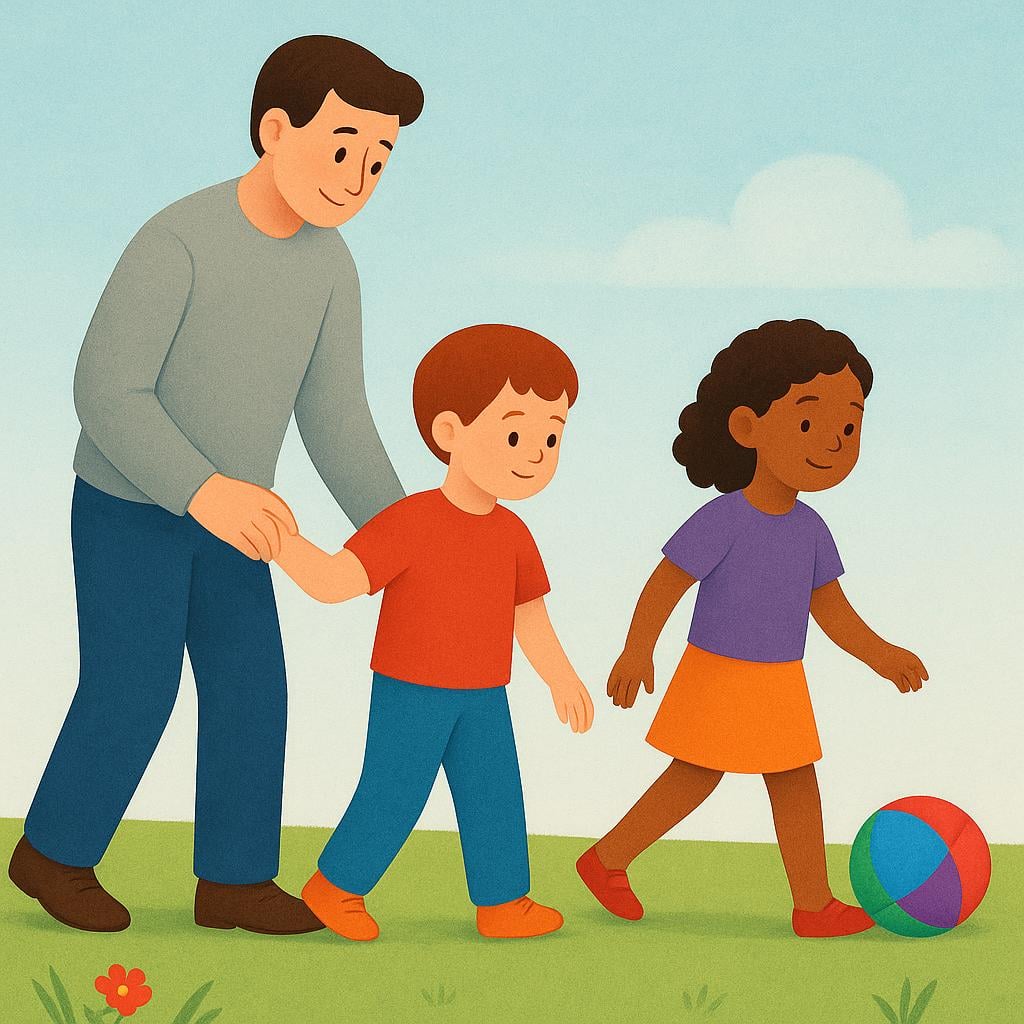 An adult gently pulls the hand of one child away from another child, allowing the second child to run forward and play with a ball.