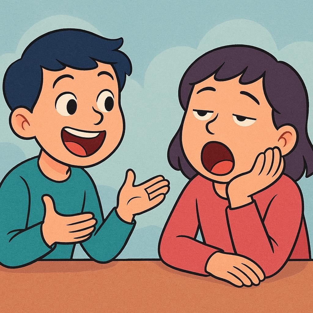 A character talking enthusiastically while a second character next to them is visibly bored, leaning their head on their hand and yawning widely.