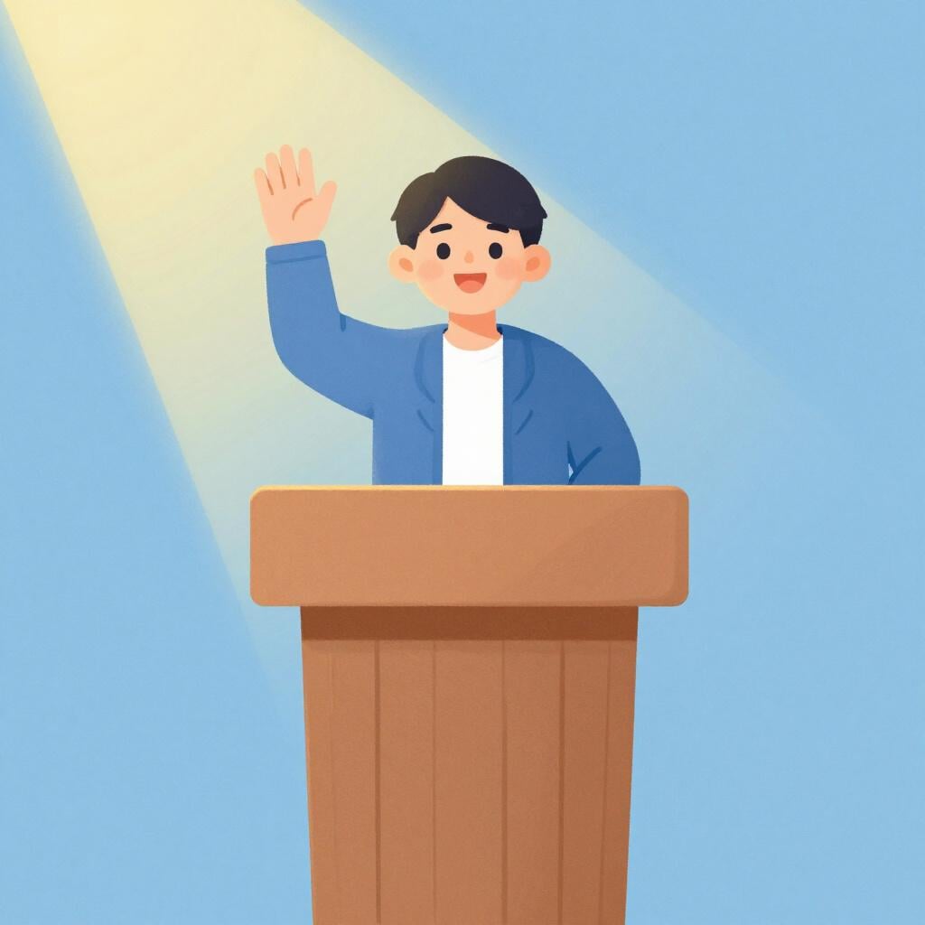 A person standing confidently behind a podium with a spotlight on them, representing the state of being a candidate.