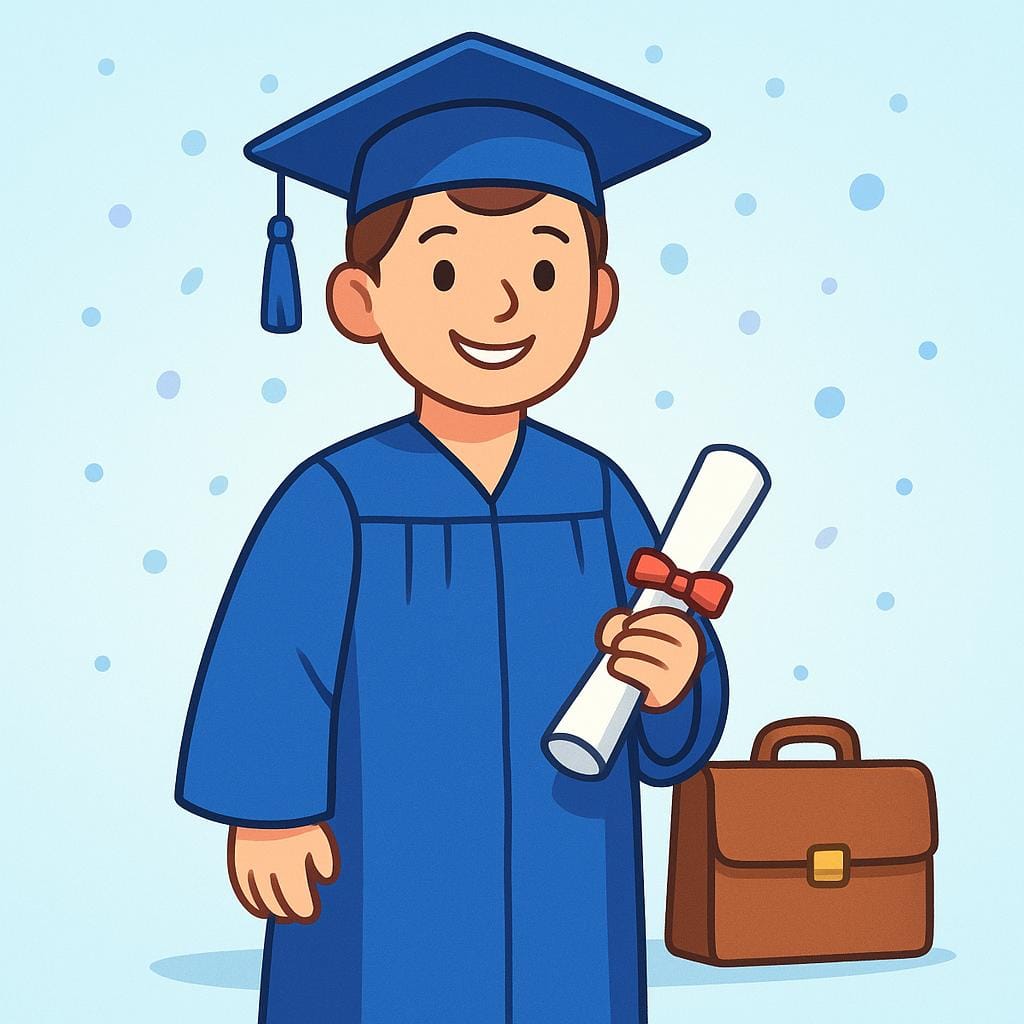 A smiling person wearing a graduation cap and gown, holding a rolled-up diploma next to a professional briefcase, symbolizing the start of a career.