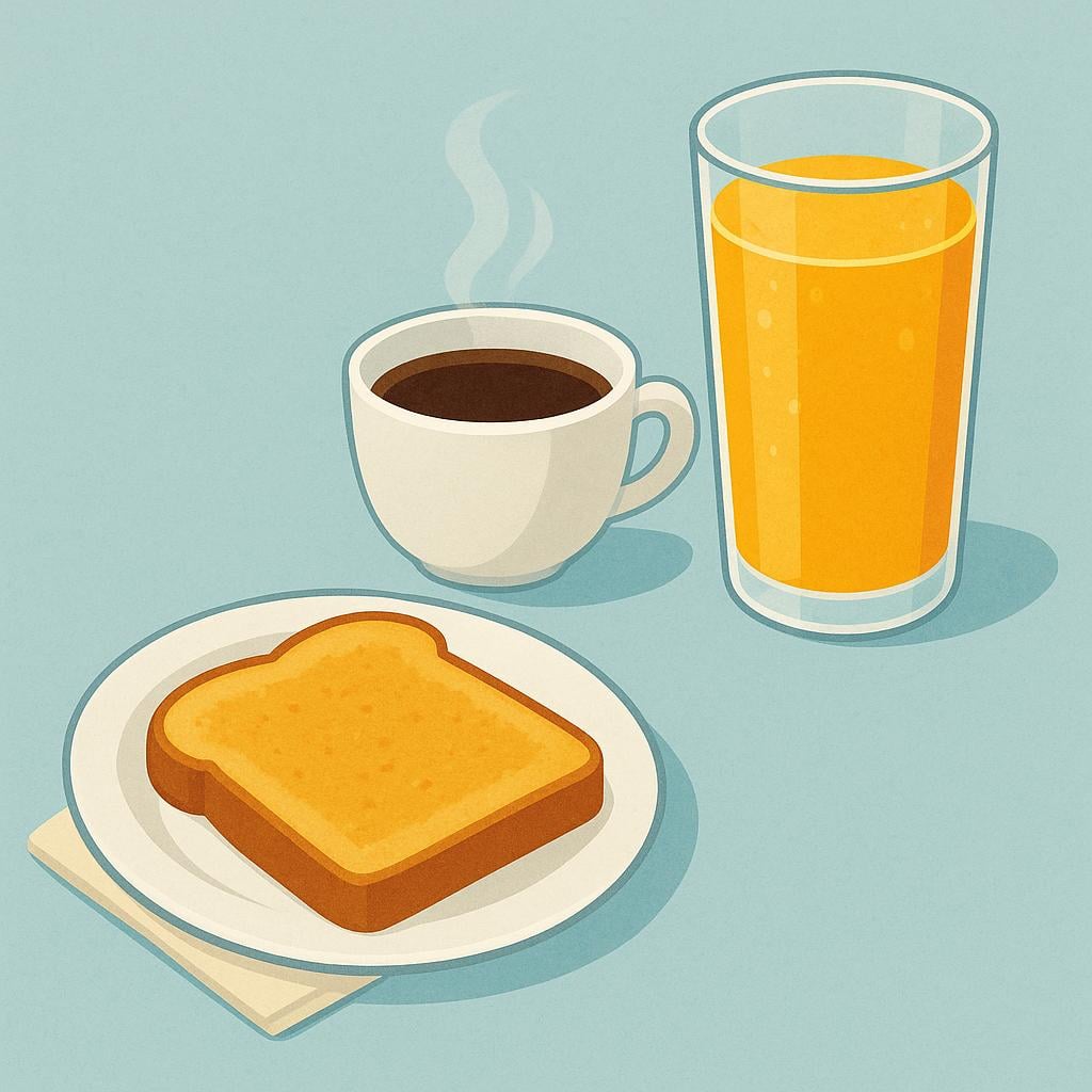 A close-up view of a cheerful breakfast setting with a plate of toast, a glass of orange juice, and a steaming cup of coffee on a table.