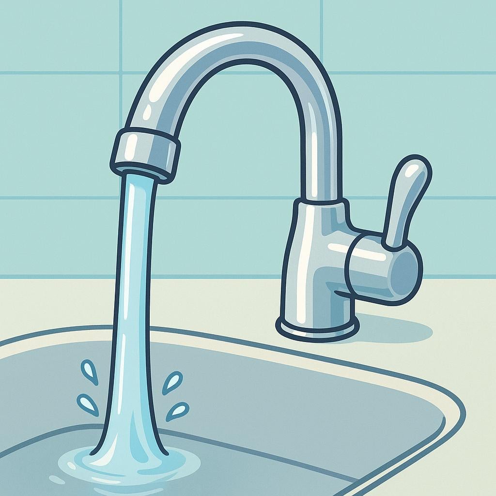 A modern silver kitchen faucet with a stream of clear water pouring into a white sink.