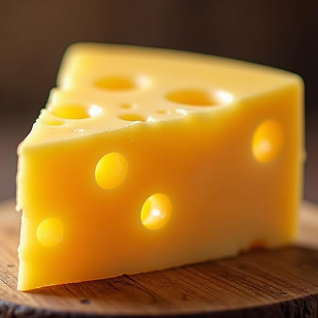 A macro shot of a thick, yellow slice of Swiss cheese resting on a wooden board, clearly showing many perfectly round holes.