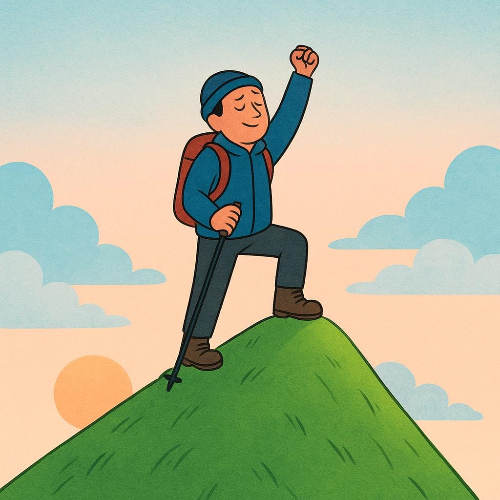 A single, determined hiker stands exhausted but triumphant on the peak of a very steep green hill, symbolizing the effort and sacrifice required to reach a goal.