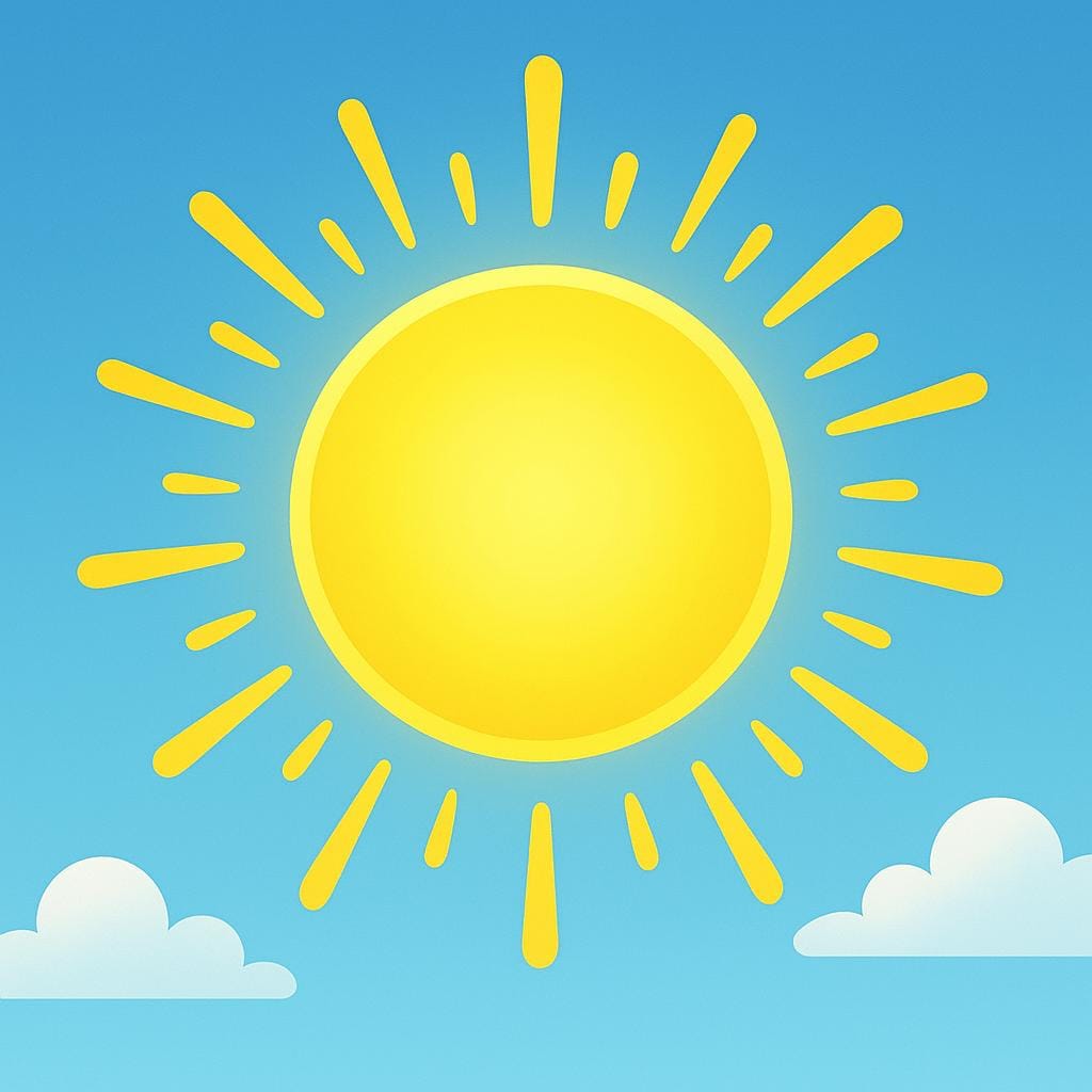 A vibrant yellow sun shining intensely and radiating strong, bright light across a simple blue sky.