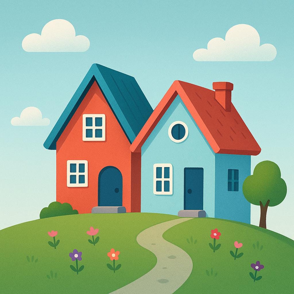 A high-quality illustration of two small, colorful storybook houses situated extremely close to each other on a gentle green hill, demonstrating proximity.