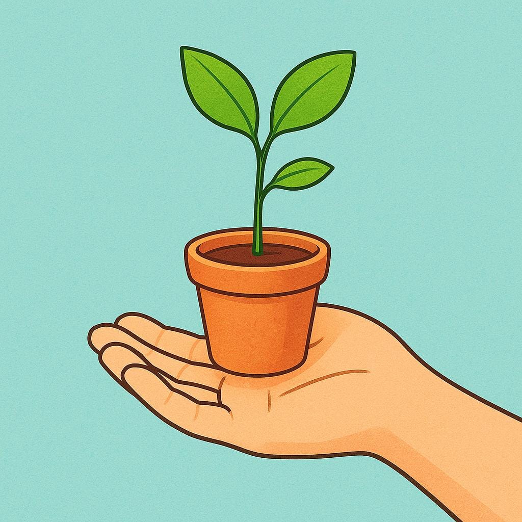 A single hand gently cradling a small, vibrant green sapling planted in a tiny pot, illustrating something being handled or managed with care.