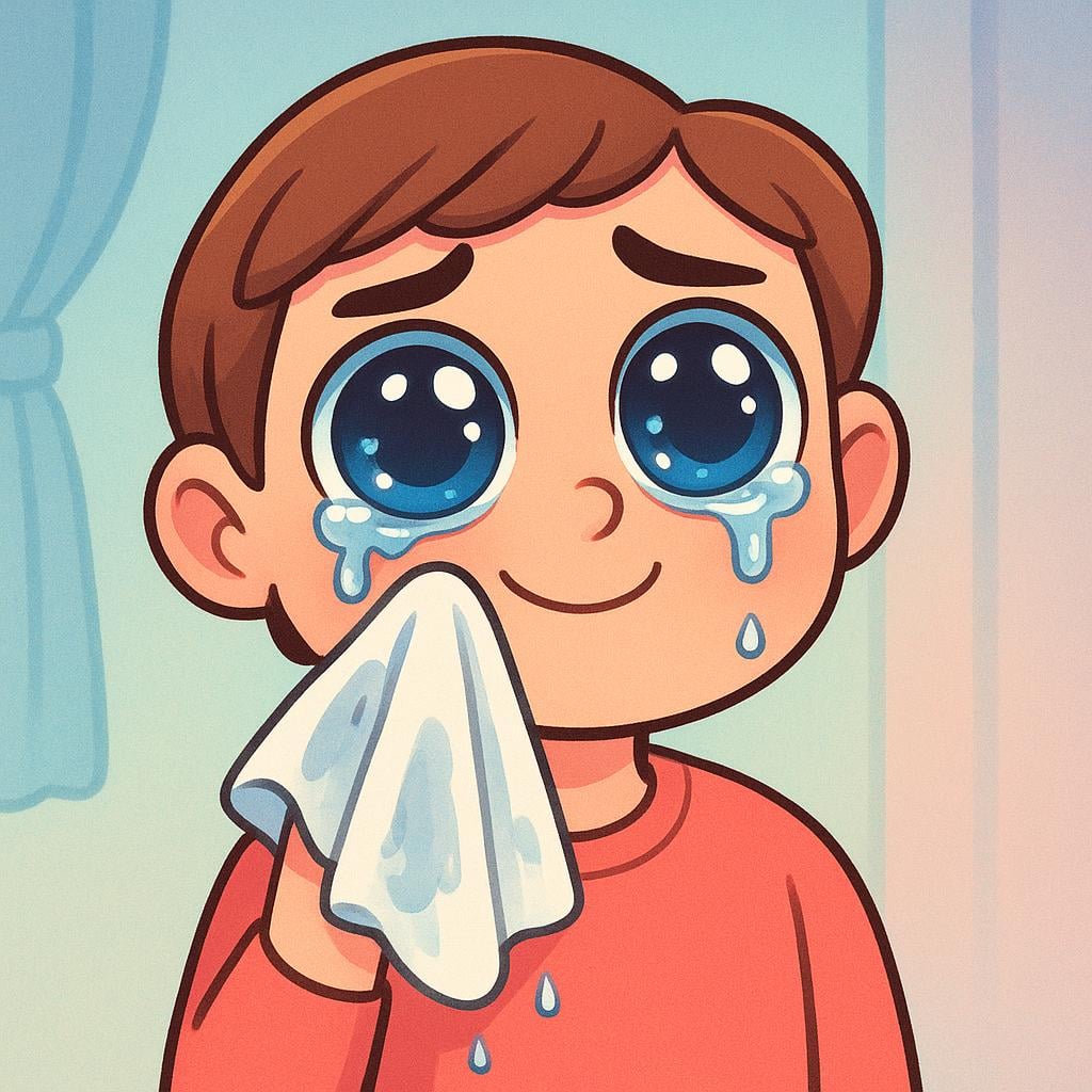 A cartoon-style illustration of a person with wide, tearful eyes, dramatically holding a dripping handkerchief to their face.