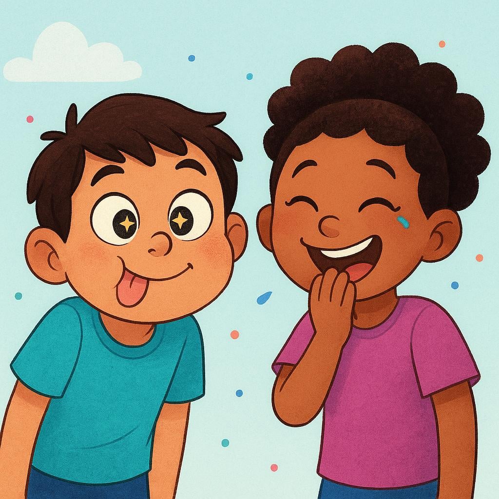 A colorful storybook illustration showing two characters. One character is making a silly, exaggerated face and gesturing emphatically, clearly telling a joke, while the second character is doubled over in hearty laughter.