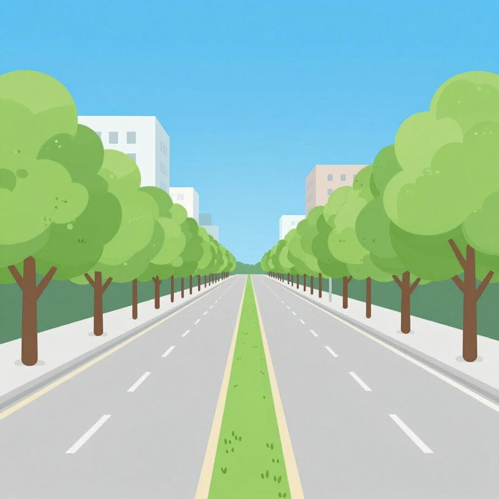 A wide, paved road lined with lush green trees on both sides and a grassy divider in the middle.