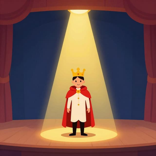 An actor on a stage under a bright spotlight, wearing a vibrant costume and performing for an audience.