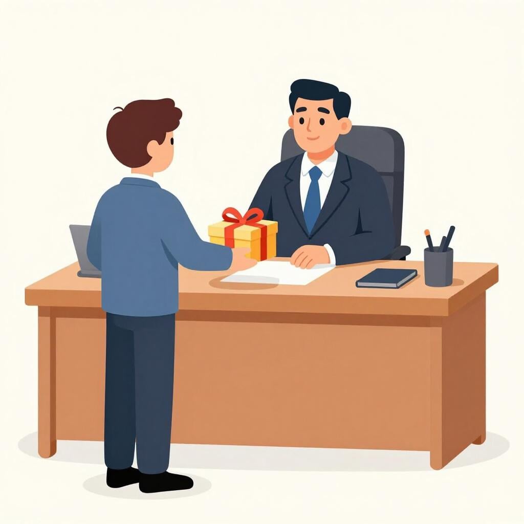 A person in a suit presenting a beautifully wrapped gift box to a person sitting at a large desk.