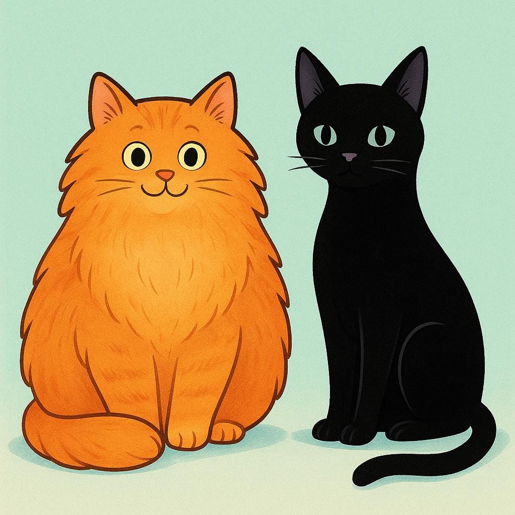 Um gato laranja felpudo e um gato preto elegante sentados lado a lado.