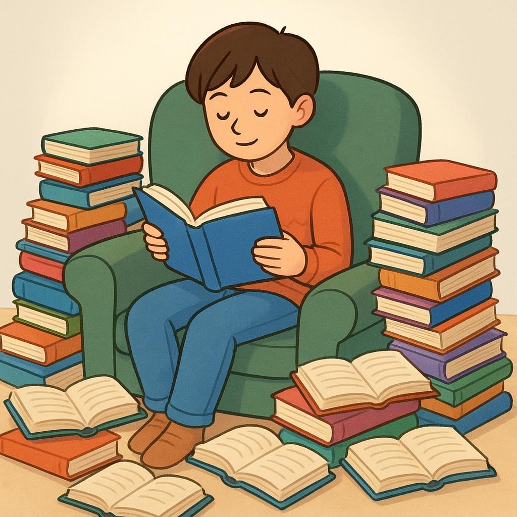 A storybook illustration of a person sitting happily in a chair, surrounded by towering stacks of books, reading intently.