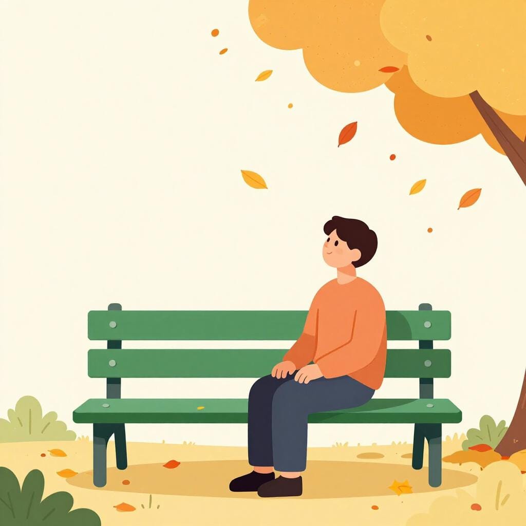 A person sitting peacefully on a park bench, observing falling leaves without moving.