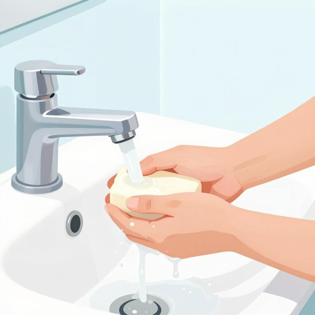 Um par de mãos limpas a ser lavado com sabonete em barra sob água corrente limpa.